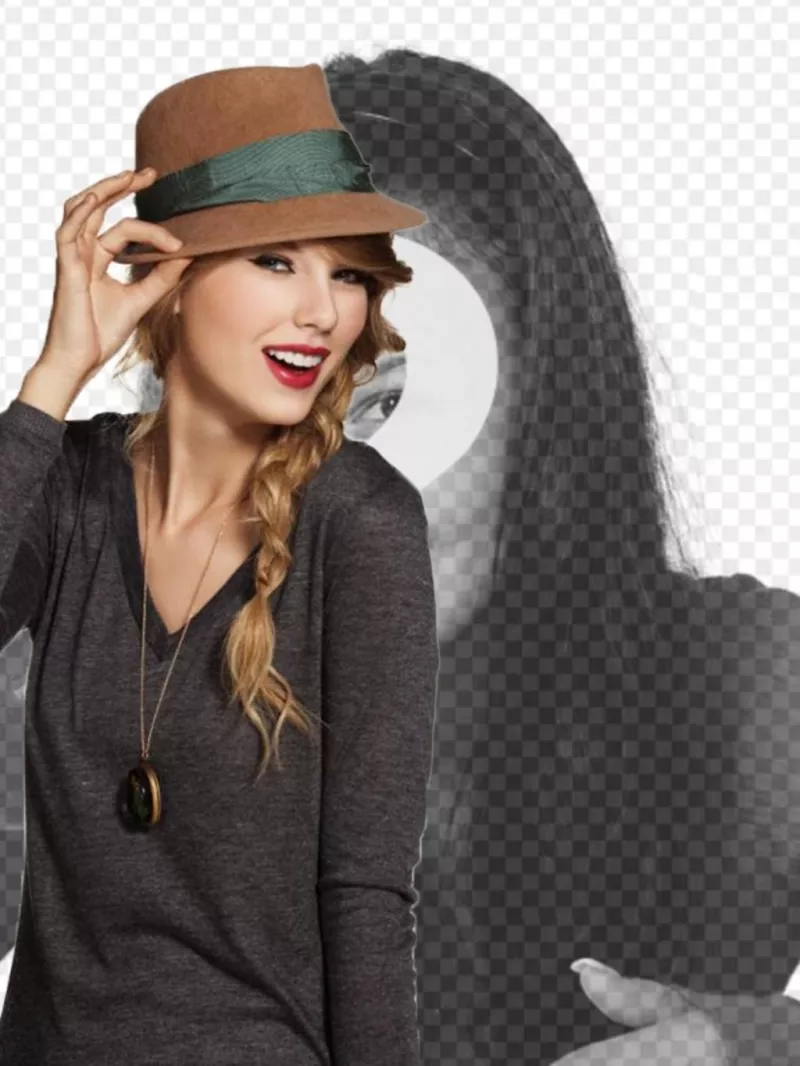 Fotomontagem com Taylor Swift em que você vai aparecer com a cantora vestindo um chapéu e lábios..