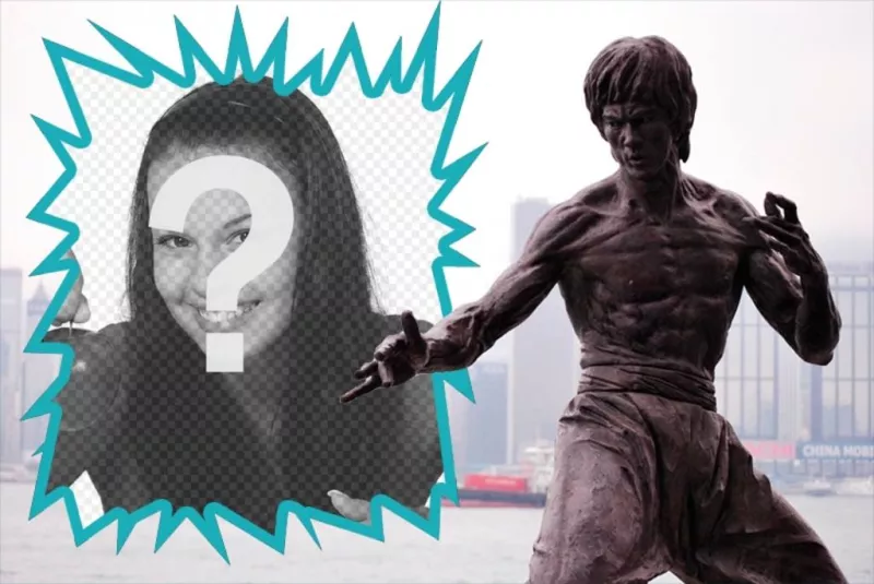 Colagem com uma estátua de Bruce Lee ..